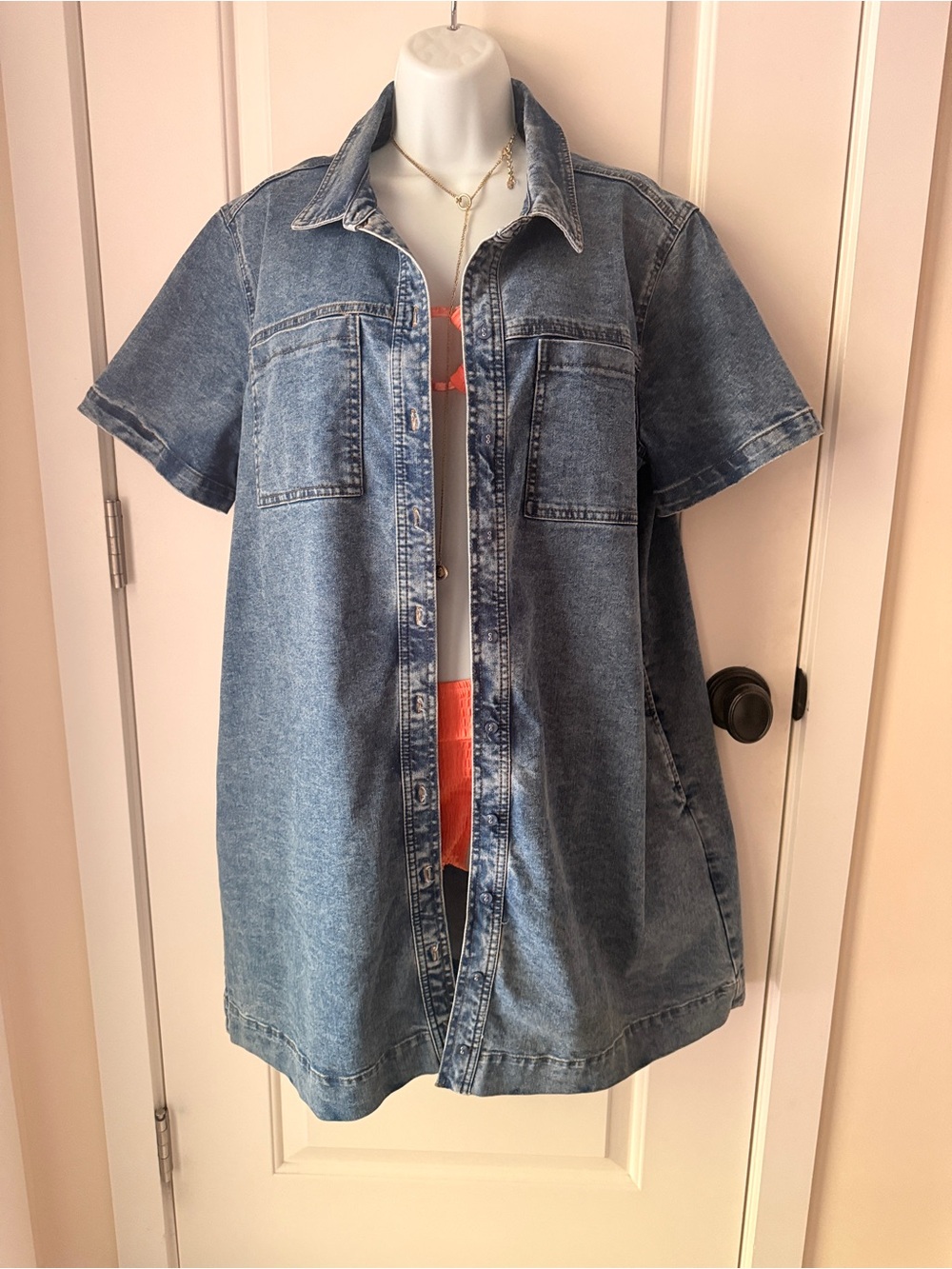 Denim Short-Sleeve Shirt Dress - mini-dress - Blue